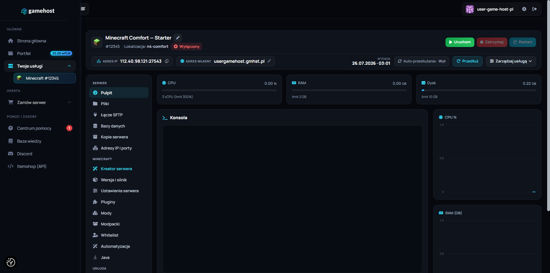 Server dashboard